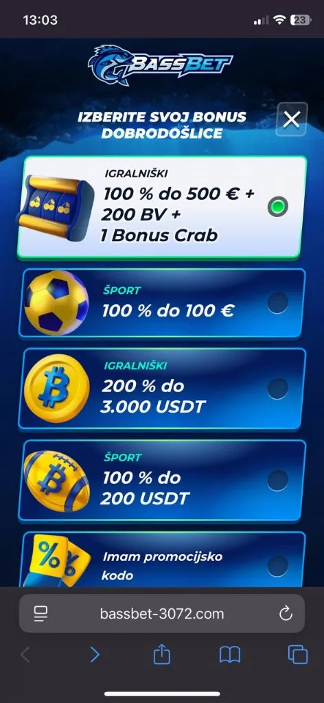 Bassbet mobilni pogled 1