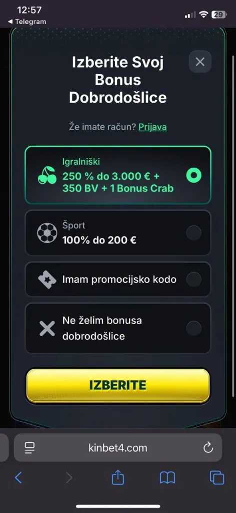 Kinbet mobilni pogled 2
